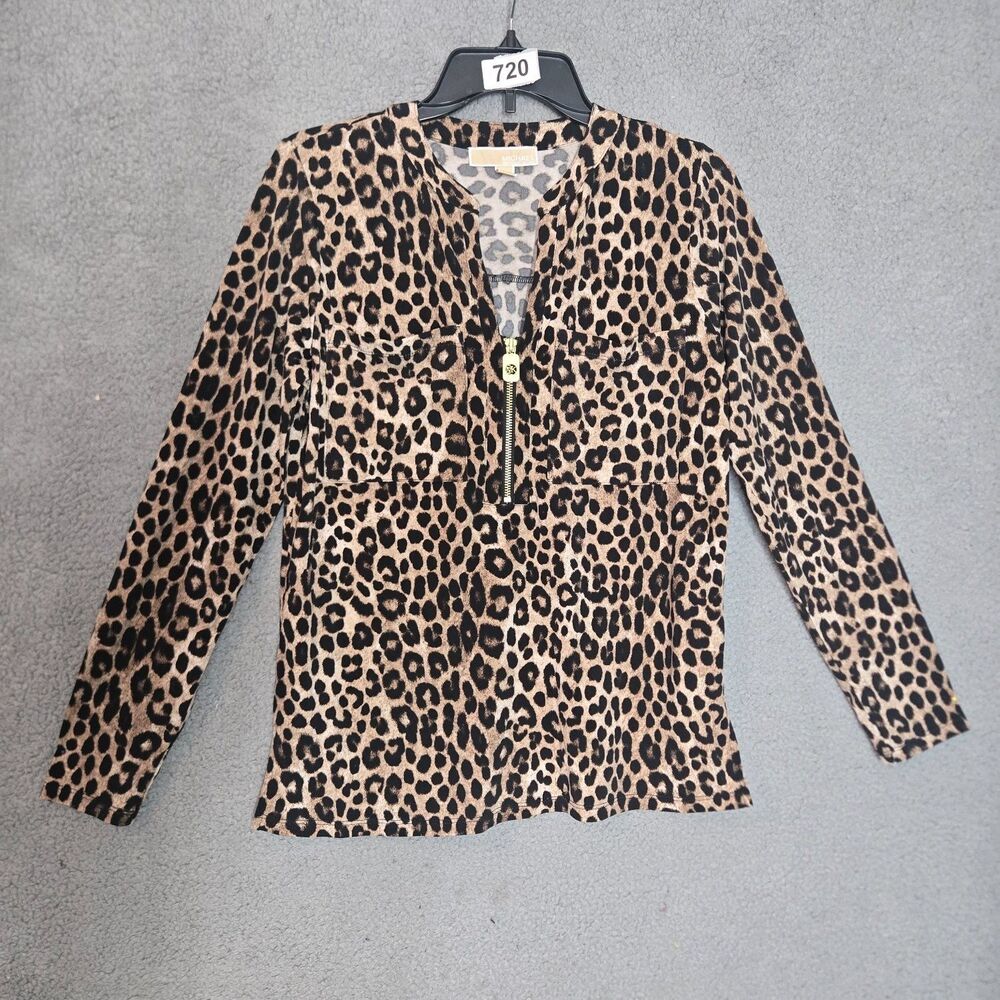 Michael Kors Blouse Womens M Brown Half Zip V-Neck Long Sleeve Stretch